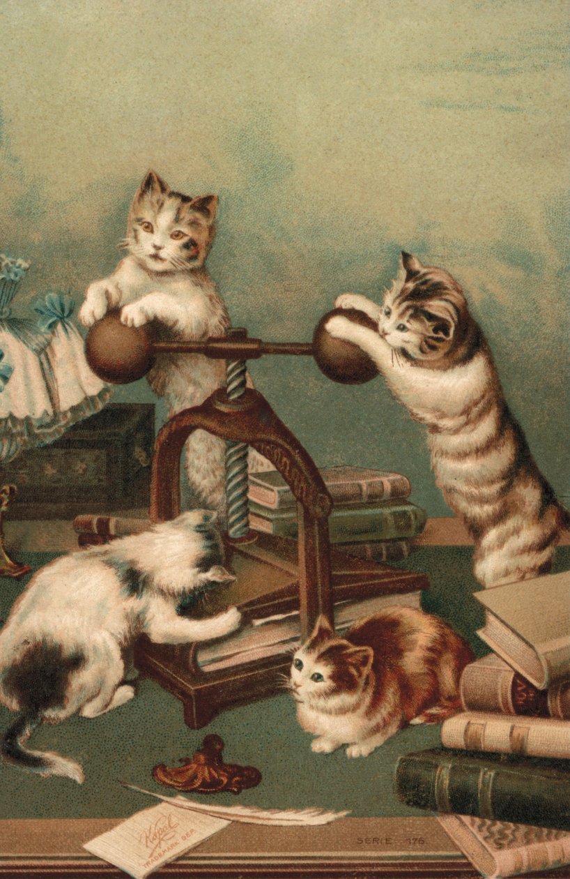 Komische Katzen, die Bücher pressen von European School