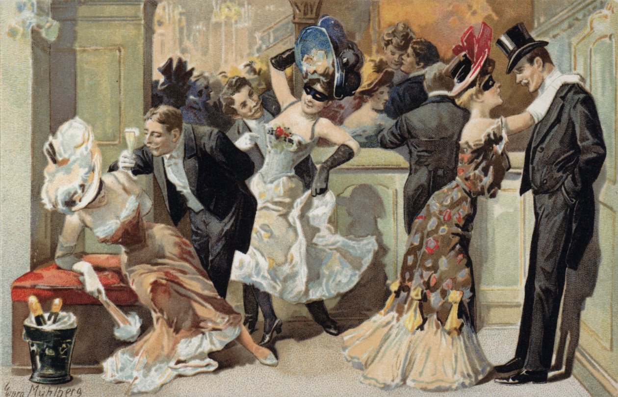 Maskenball, mit Männern und Frauen, die Champagner trinken von European School