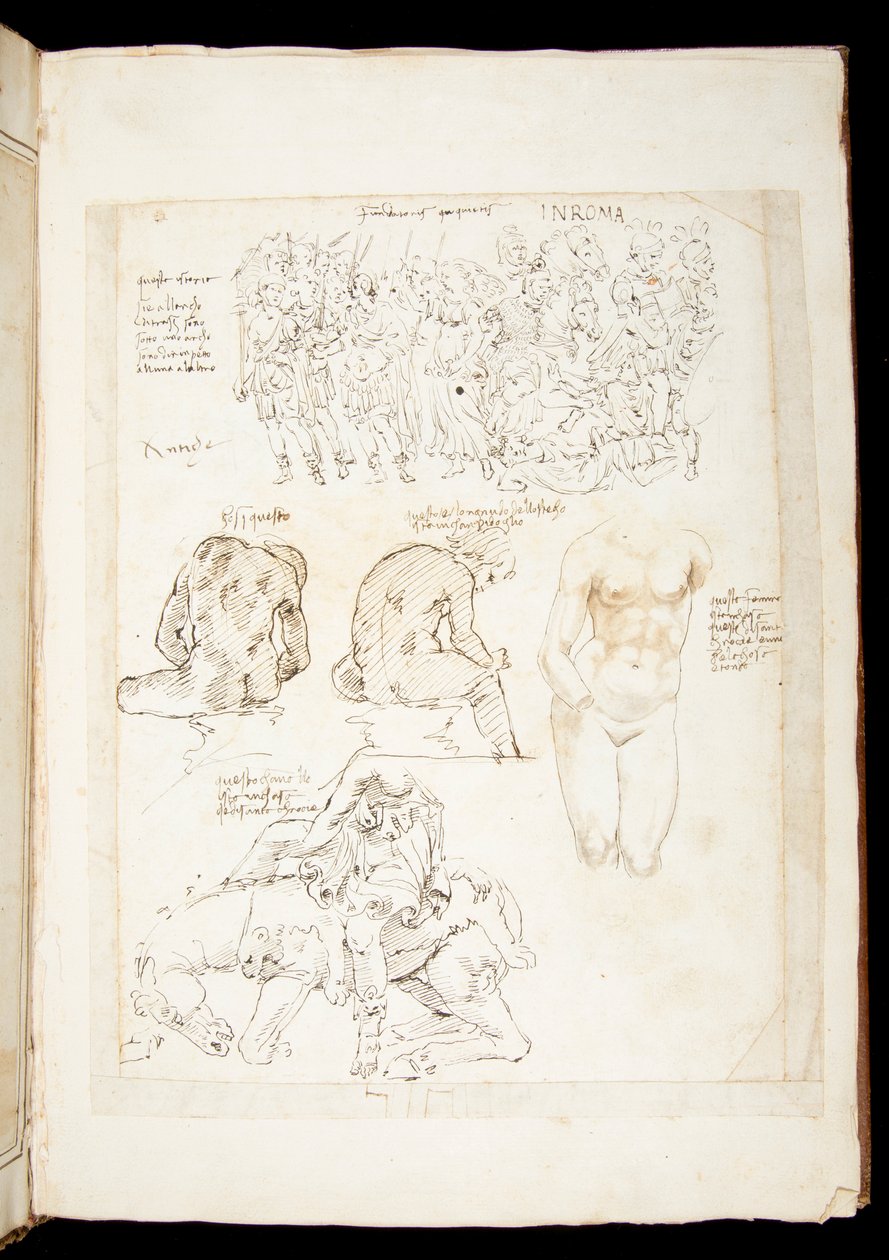 Ms 701 fl.34v, Zeichnung mit einer Ansicht des Spinario von hinten, spätes 15. Jahrhundert (Feder & Tinte auf Papier) von European School