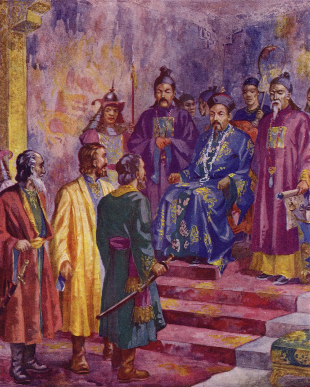 Niccolo, Maffaeo und Marco Polo treffen Kublai Khan, 20. Jahrhundert von European School