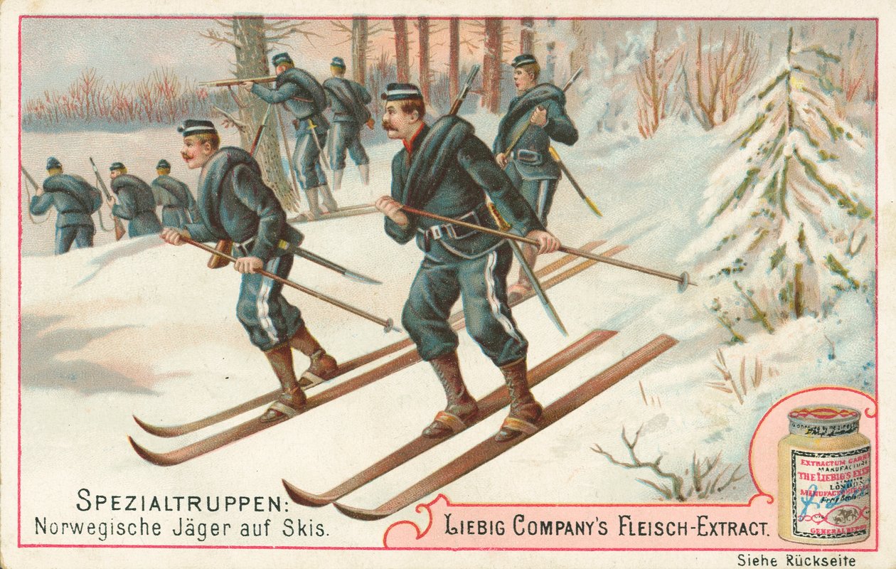 Norwegen, Soldaten auf Skiern, Liebig-Karte, frühes 20. Jahrhundert von European School