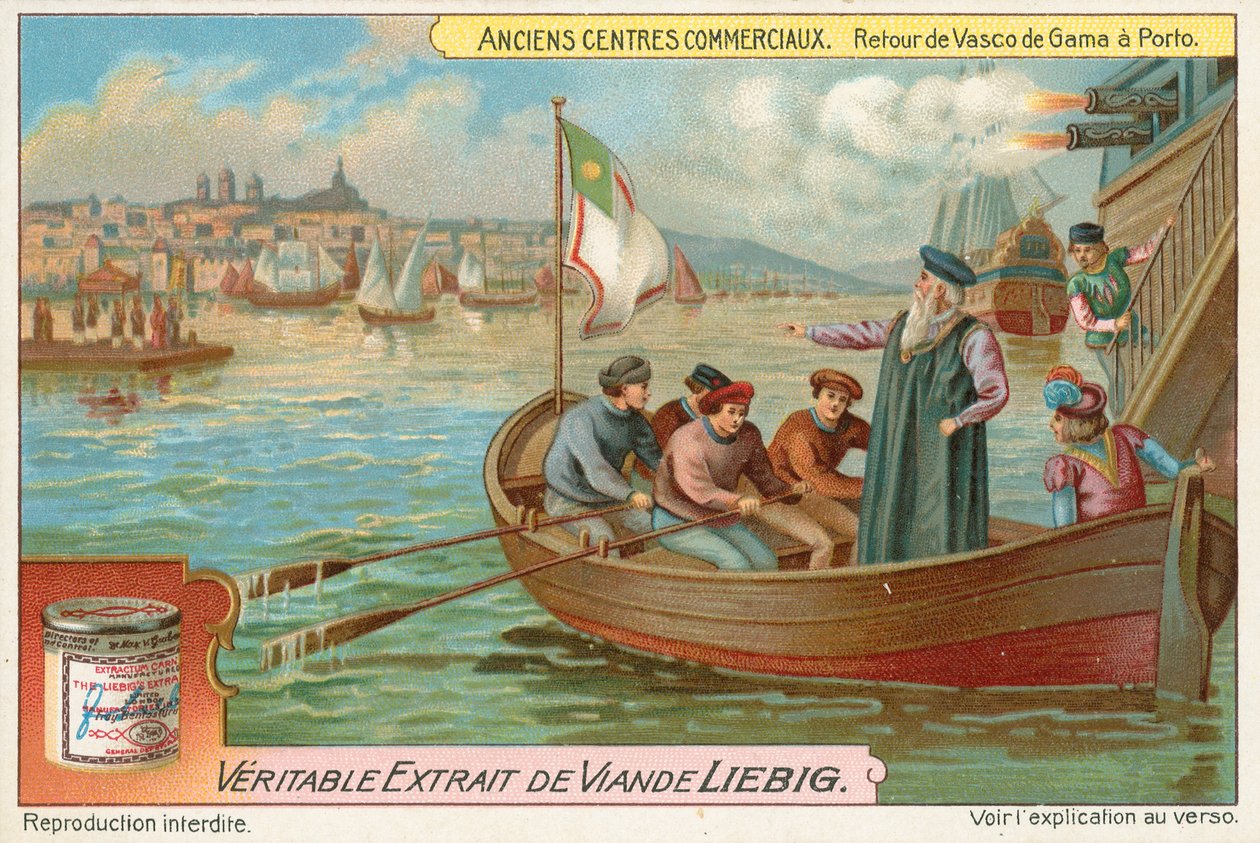 Porto, Rückkehr von Vasco da Gama, Liebig-Karte, frühes 20. Jahrhundert (Chromo) von European School