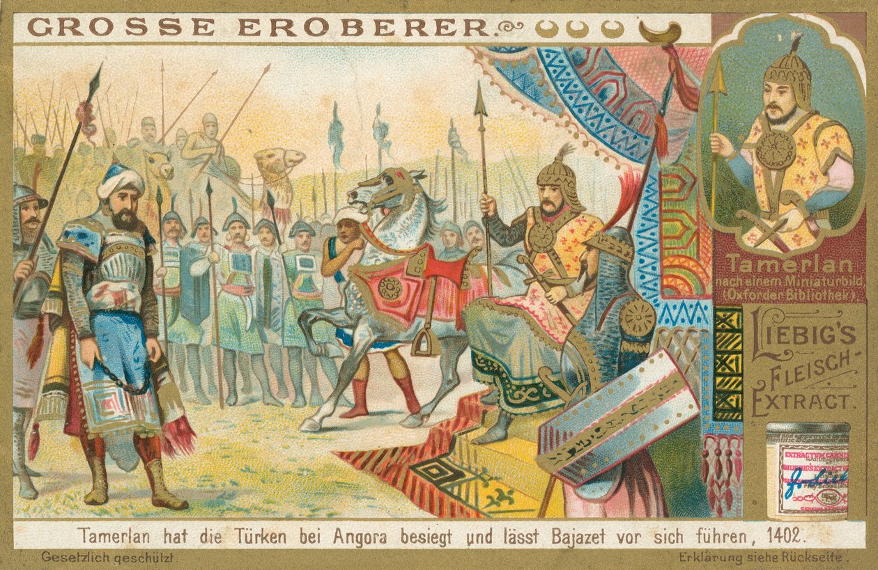 Tamburlaine erobert Bajazeth, Liebig-Karte, frühes 20. Jahrhundert von European School