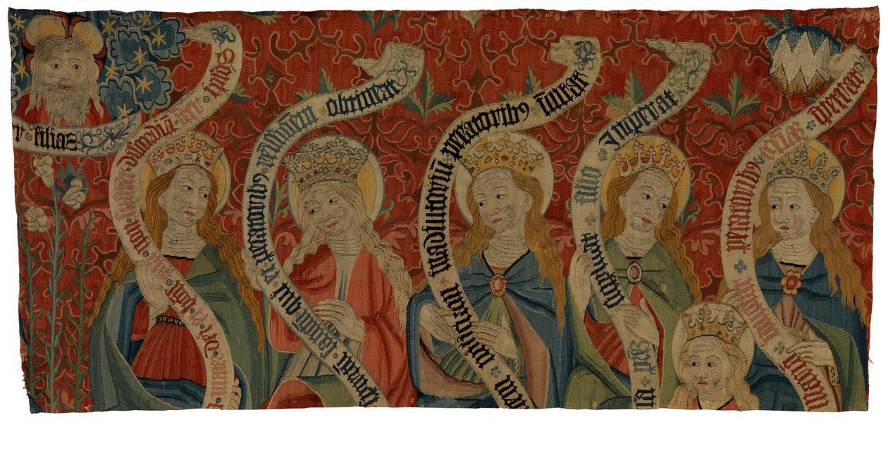 Wandteppichfragment, Darstellung des Allmächtigen und sechs heiliger Frauen, wahrscheinlich von einem Antependium, Ende des 15. Jahrhunderts von European School