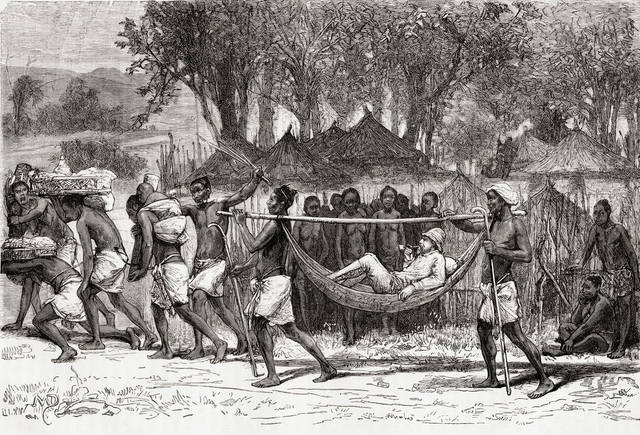 Verney Lovett Cameron kommt im Dorf Oulonnda, Afrika, 1878 an von European School