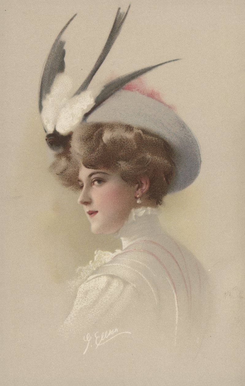 Frau mit Hut und ausgestopfter Schwalbe von European School
