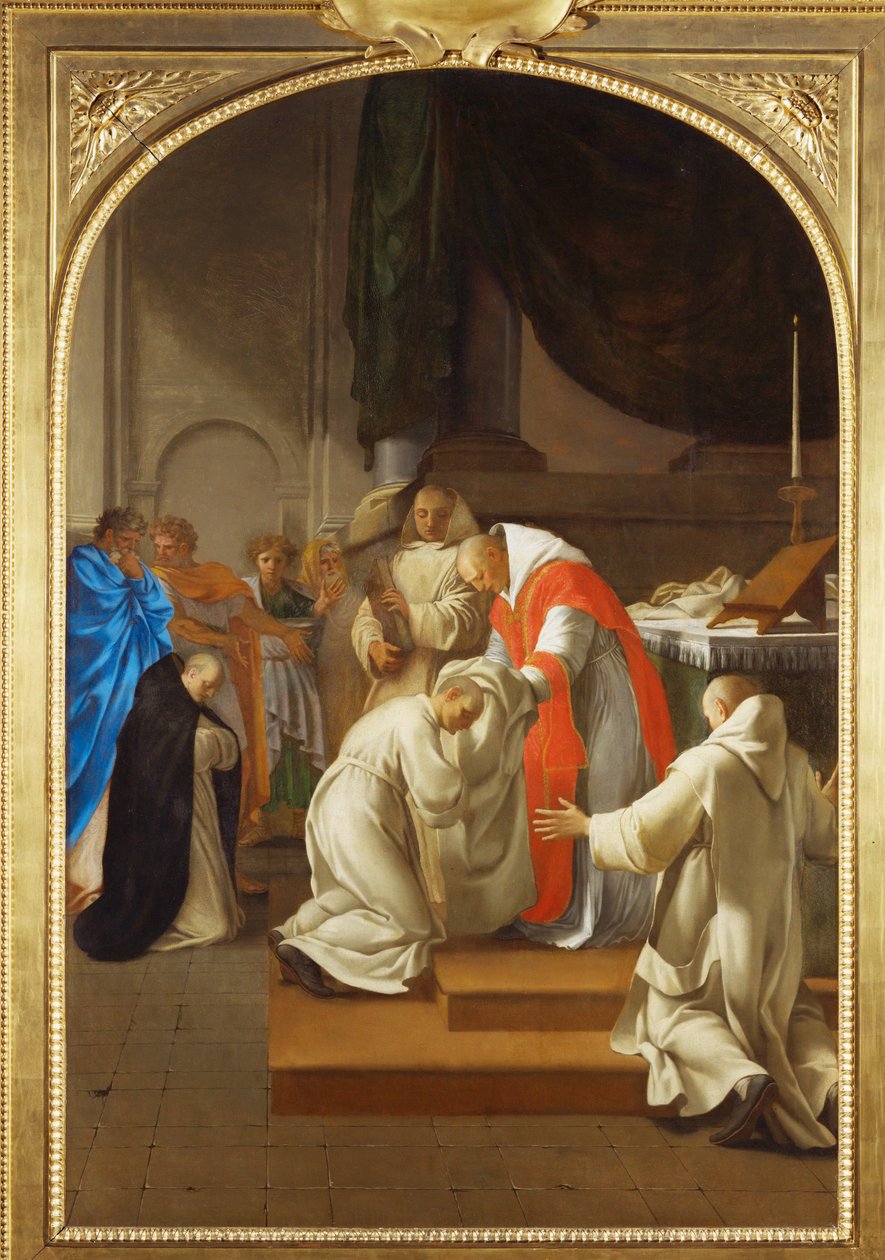 Der heilige Bruno gibt mehreren Personen das Ordensgewand von Eustache (studio of) Le Sueur