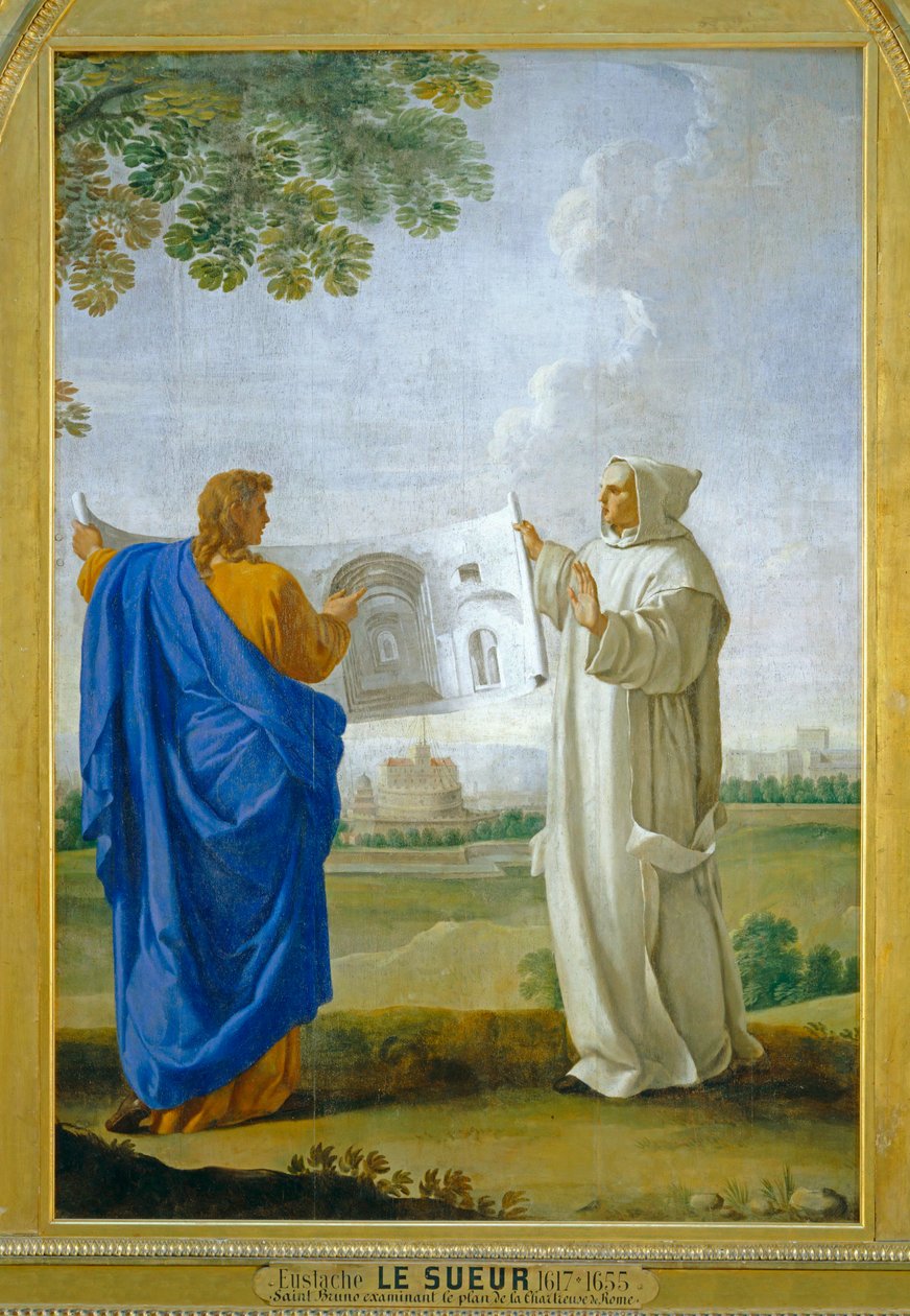 Der heilige Bruno untersucht eine Zeichnung der Thermen von Diokletian, zukünftiger Standort der Kartause von Rom von Eustache (studio of) Le Sueur