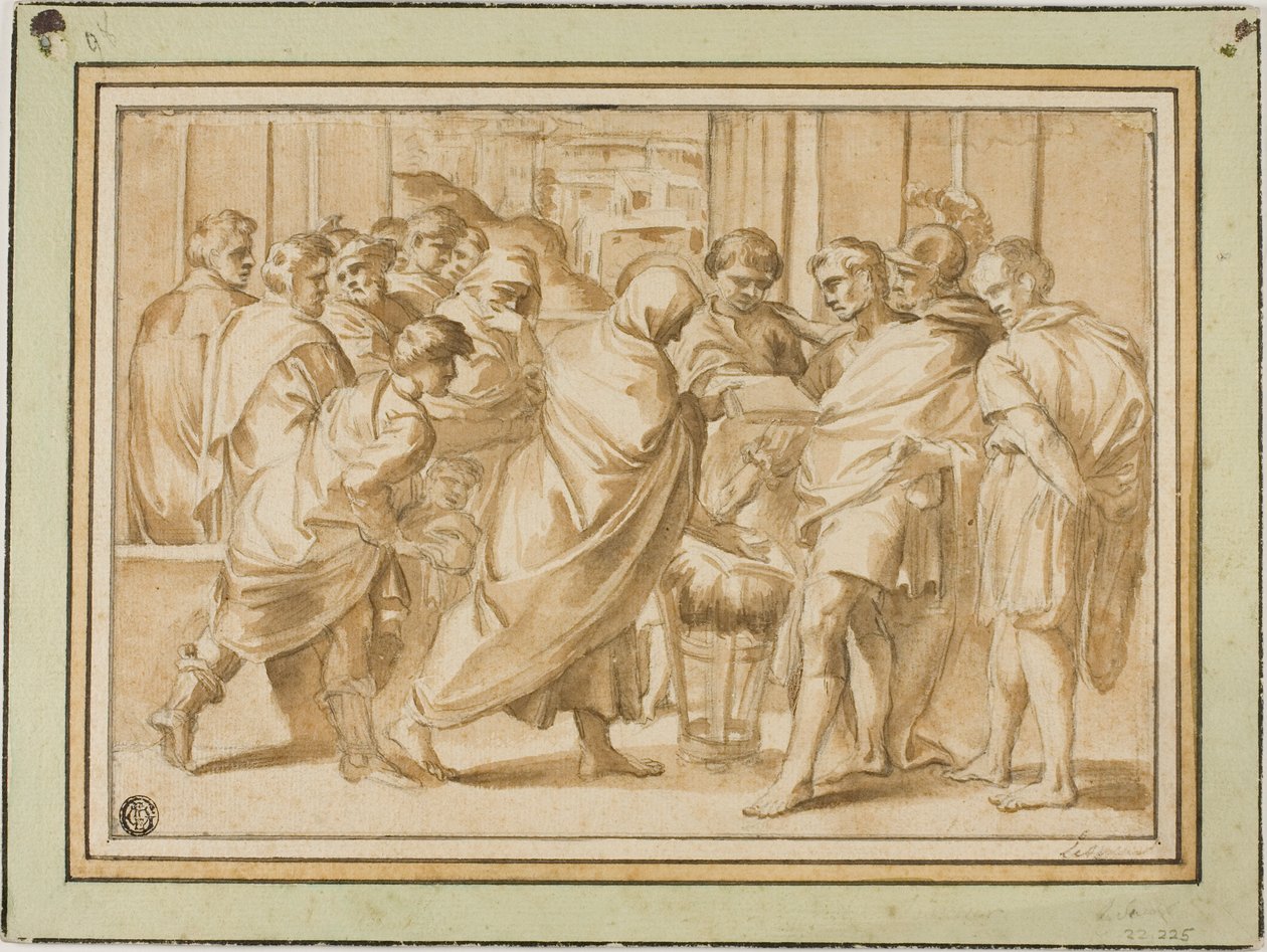 Szene aus der römischen Geschichte, mit einer drapierten Figur, die ein Buch dem Herrscher überreicht von Eustache Le Sueur