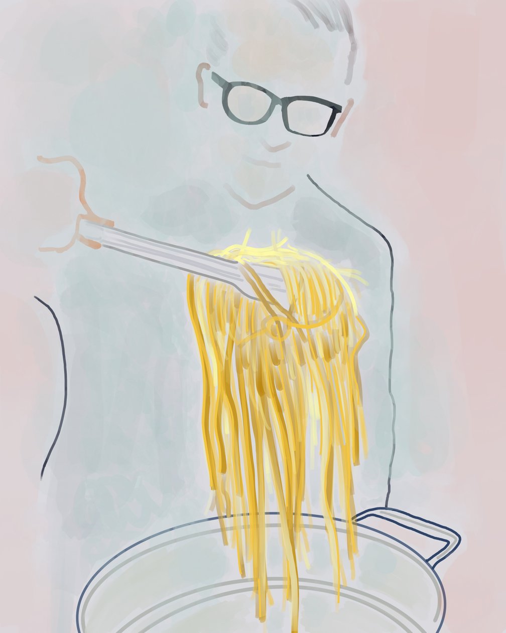 Mann zieht Pasta aus einem Topf, Brooklyn von Evan Sklar