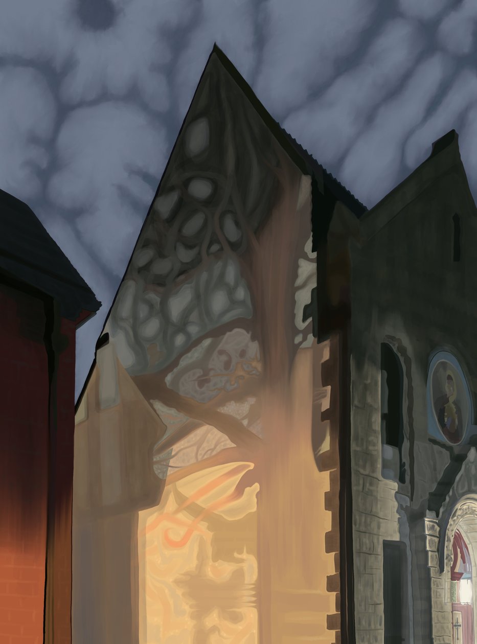 Schatten von Bäumen auf Gebäude von Evan Sklar