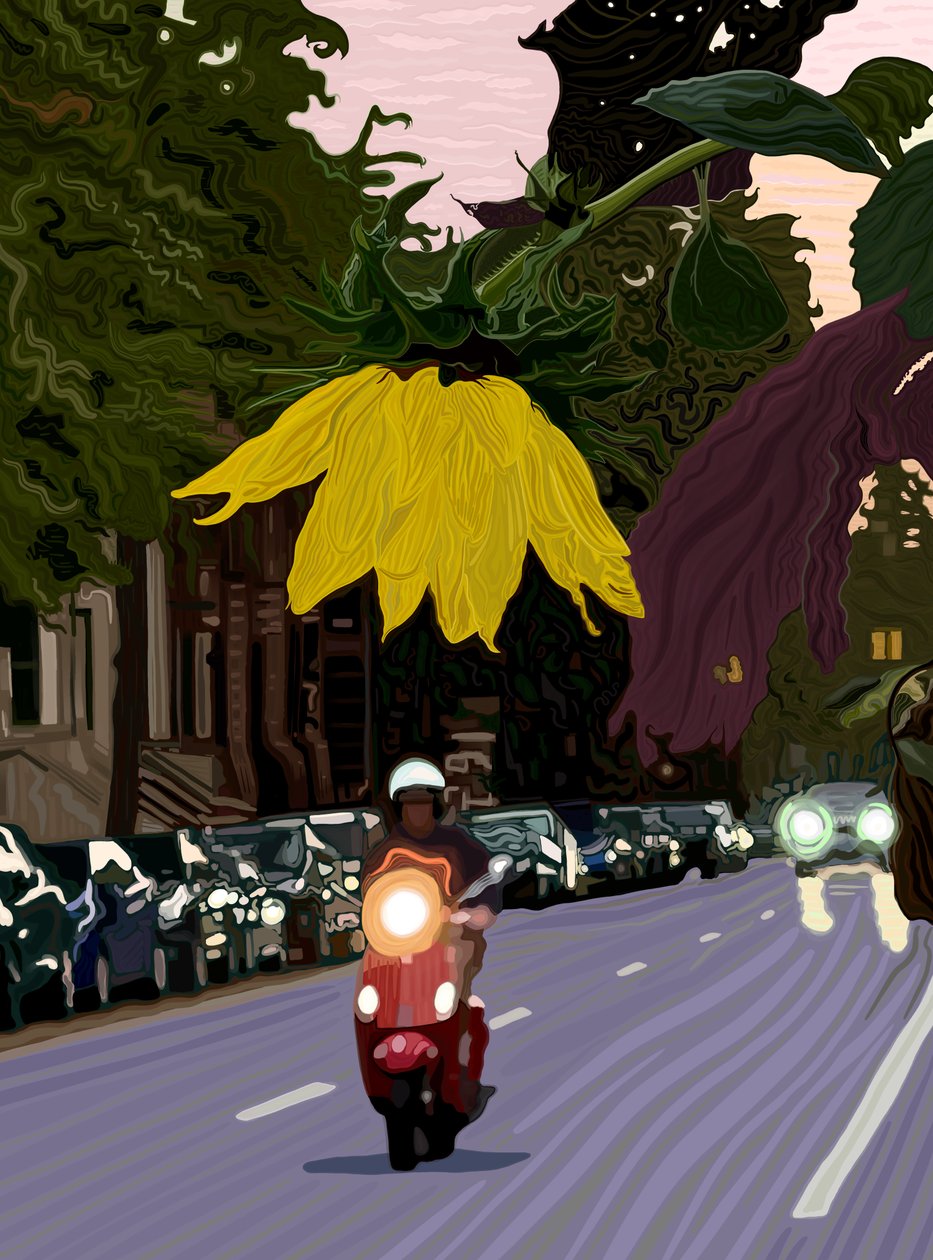 Sonnenblume und Mann auf rotem Roller von Evan Sklar