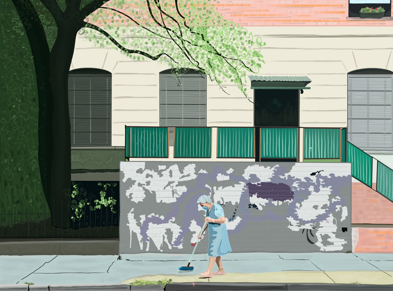 Frau fegt Bürgersteig, Brooklyn von Evan Sklar