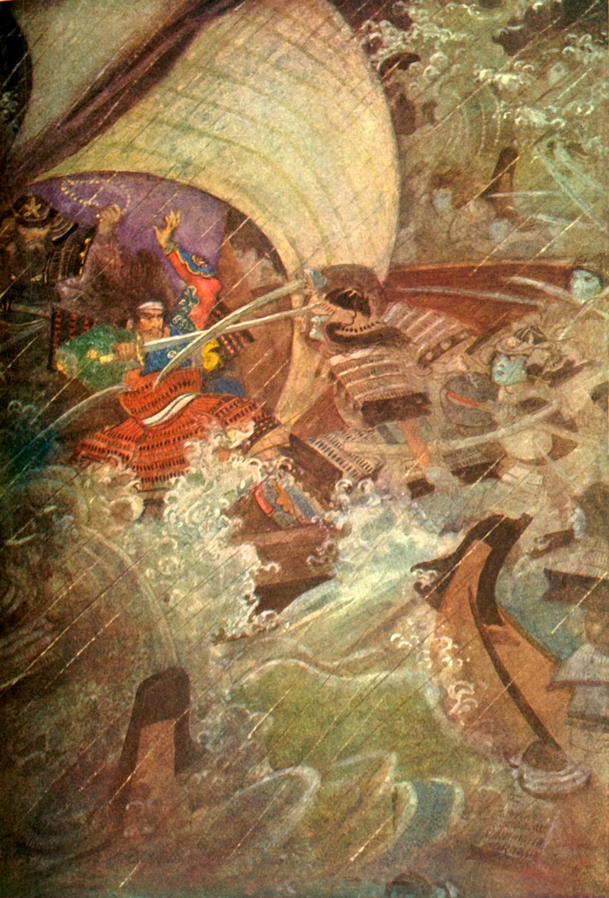 Yoshitune und Benkei von einer geisterhaften Gesellschaft des Taira-Clans angegriffen, 1912 von Evelyn Paul