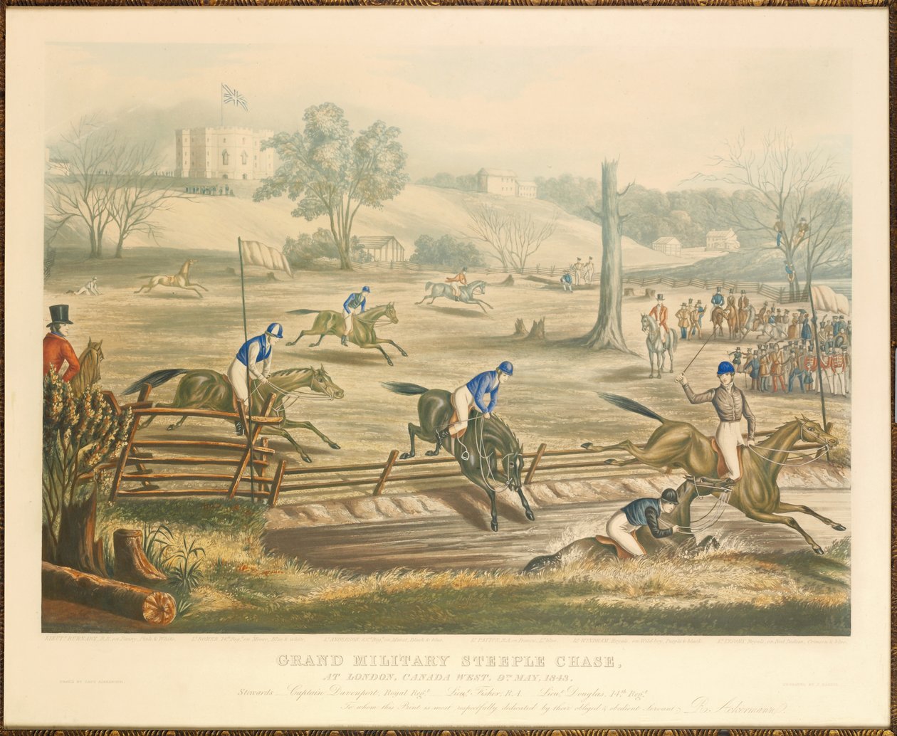 Großes Militär-Hindernisrennen in London, Kanada West, 9. Mai 1843, graviert von J. Harris, 1845 von Evelyne Marie Alexander