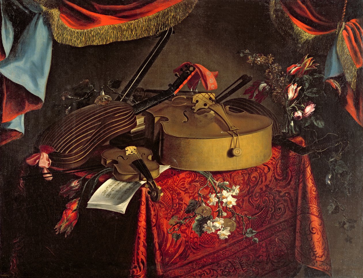 Stillleben mit Musikinstrumenten und Blumen auf einem Tisch von Evert Collier
