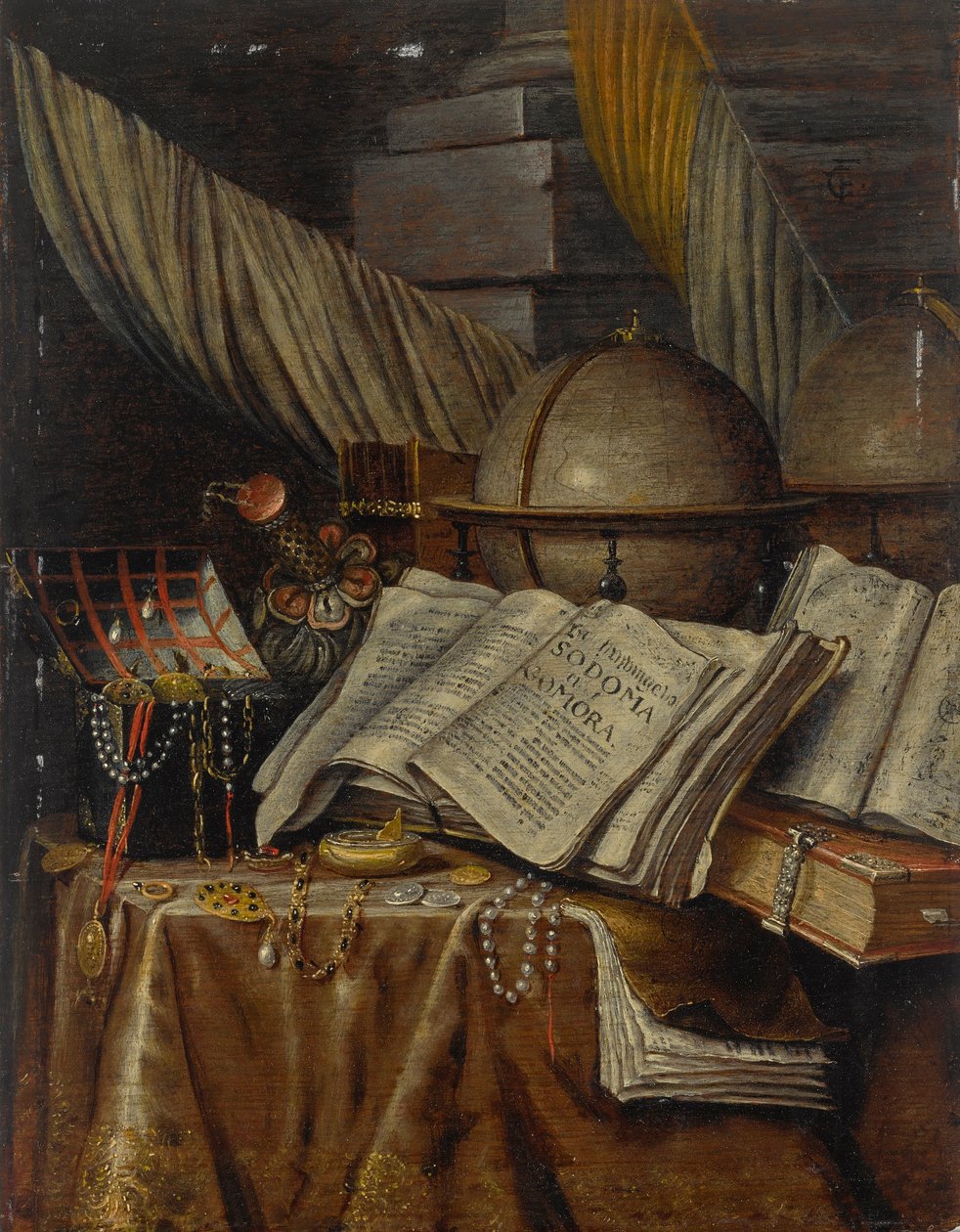 Vanitas-Stillleben mit einem Globus, Büchern und einer Schatulle mit Juwelen auf einem drapierten Tisch von Evert Collier