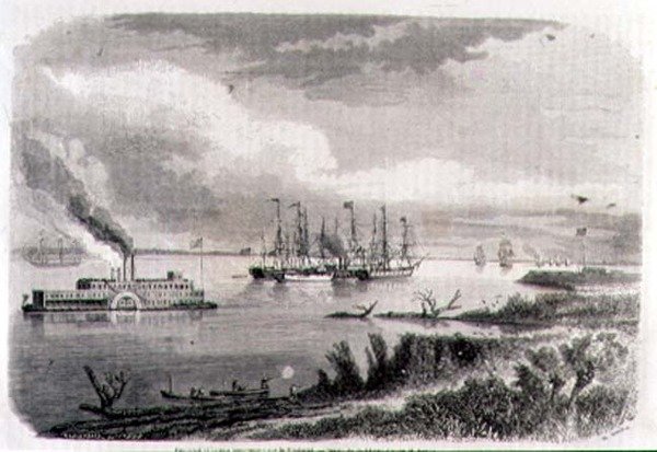 Ein Dampfer und ein Schlepper auf dem Mississippi, graviert von Stephane Pannemaker (1847-1930) von Evremond de (after) Berard