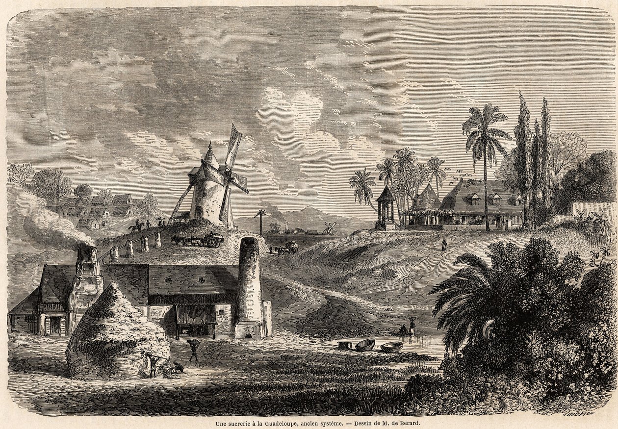 Eine Zuckerfabrik in Guadeloupe, Zeichnung von Auguste de Berard (1824-1881), zur Illustration der Reisen in die Westindischen Inseln, 1858-1859, von Anthony Trollope (1815-1882). Gravur in „Le tour du monde, nouveau journal des voyages“ Paris von Evremond de (after) Berard