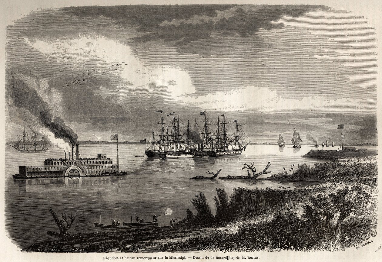 Schiff und Schlepper auf dem Mississippi, Zeichnung von Evremond Auguste de Berard (1824-1881), Illustration der Reise nach New Orleans 1855 von Elysee (Elisee) Reclus (1830-1905). Gravur in „Le tour du monde, nouveau journal des voyages“, Paris von Evremond de (after) Berard