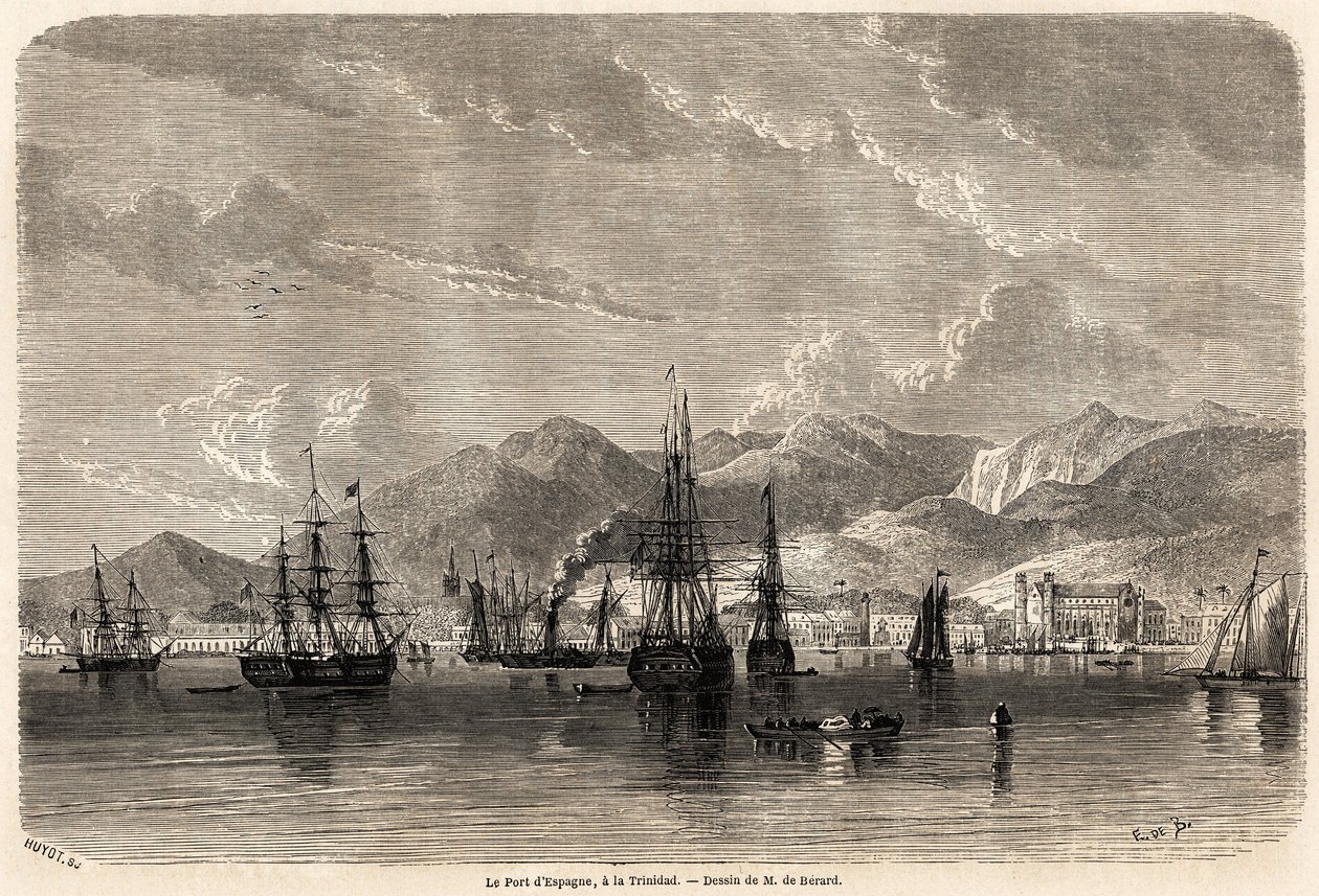 Der Hafen von Spanien, in Trinidad (Trinidad und Tobago), Zeichnung von Evremond Auguste de Berard, zur Illustration der Reisen in die Westindischen Inseln, 1858-1859, von Anthony Trollope. Gravur in "Le tour du monde, nouveau journal des voyages" von Evremond de (after) Berard