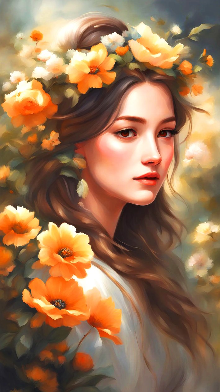 Eine Frau mit Blumen in einer schönen Landschaft von F. Abderrahim