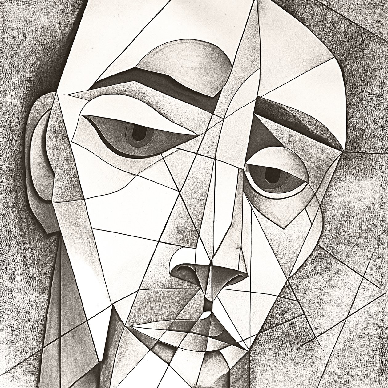 Abstrakte primitive Bleistiftzeichnung eines melancholischen Gesichts von F. Abderrahim