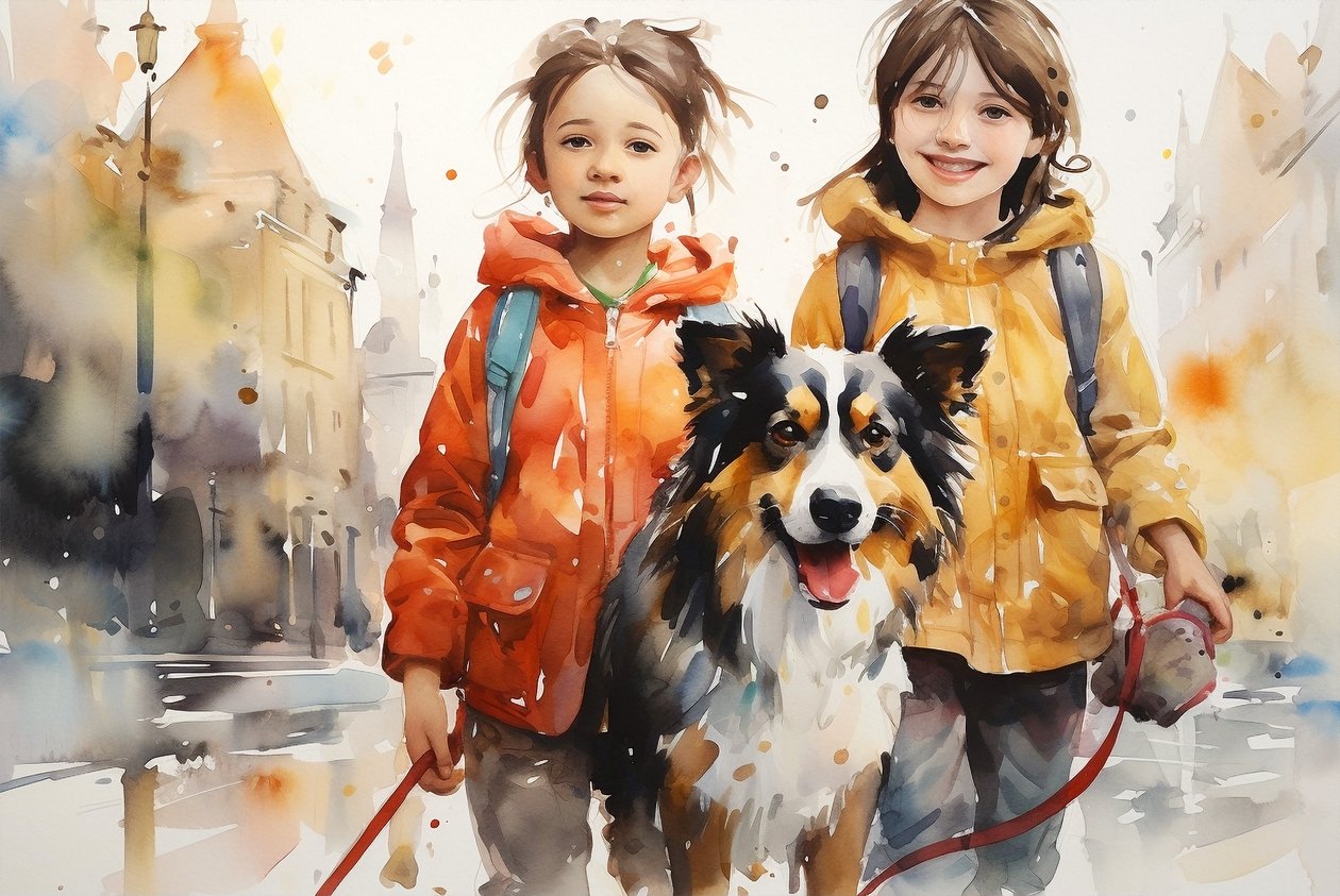 Aquarellporträt von Hund und Kindern von F. Abderrahim