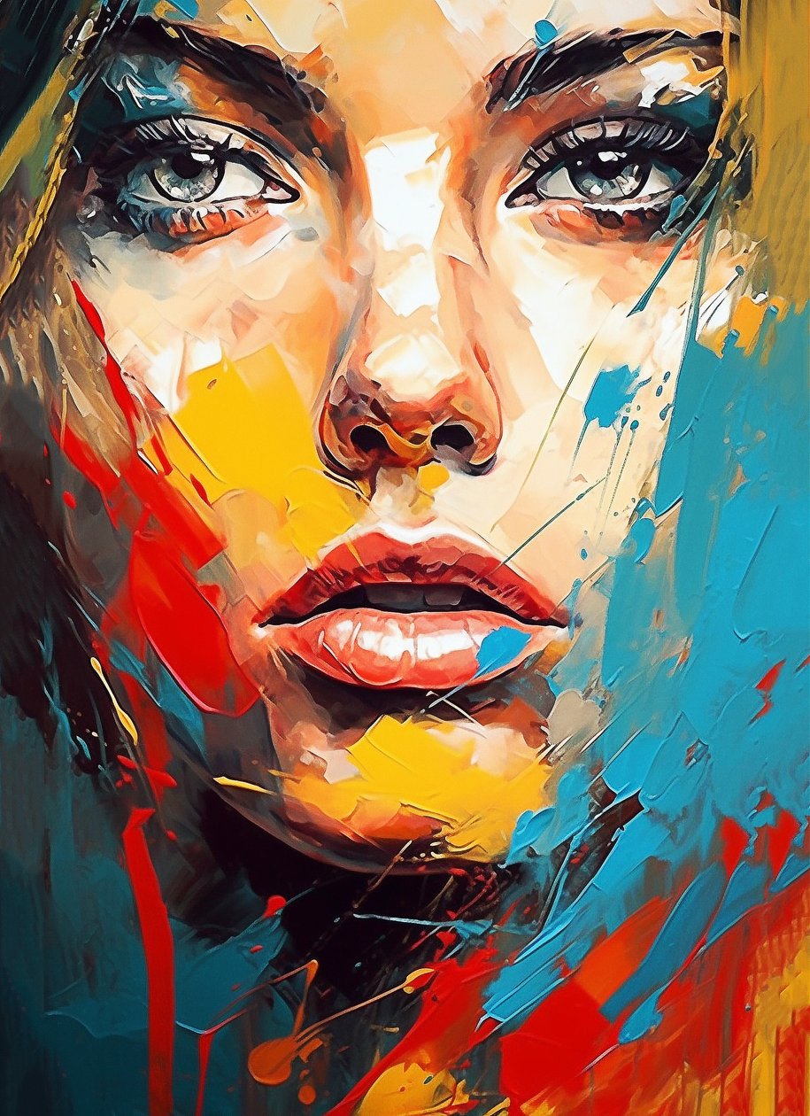 Schönes Frauenporträt Zeichnung, blaue Augen, Expressionismus Stil, Wandkunstdrucke von F. Abderrahim