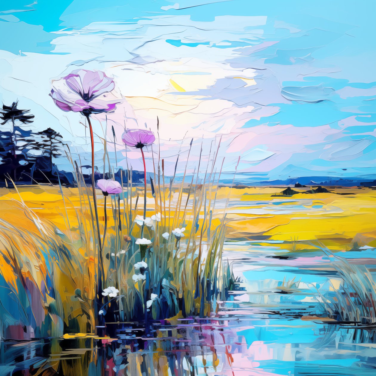 Blaue Blumen in Sonnenaufgangslandschaft von F. Abderrahim