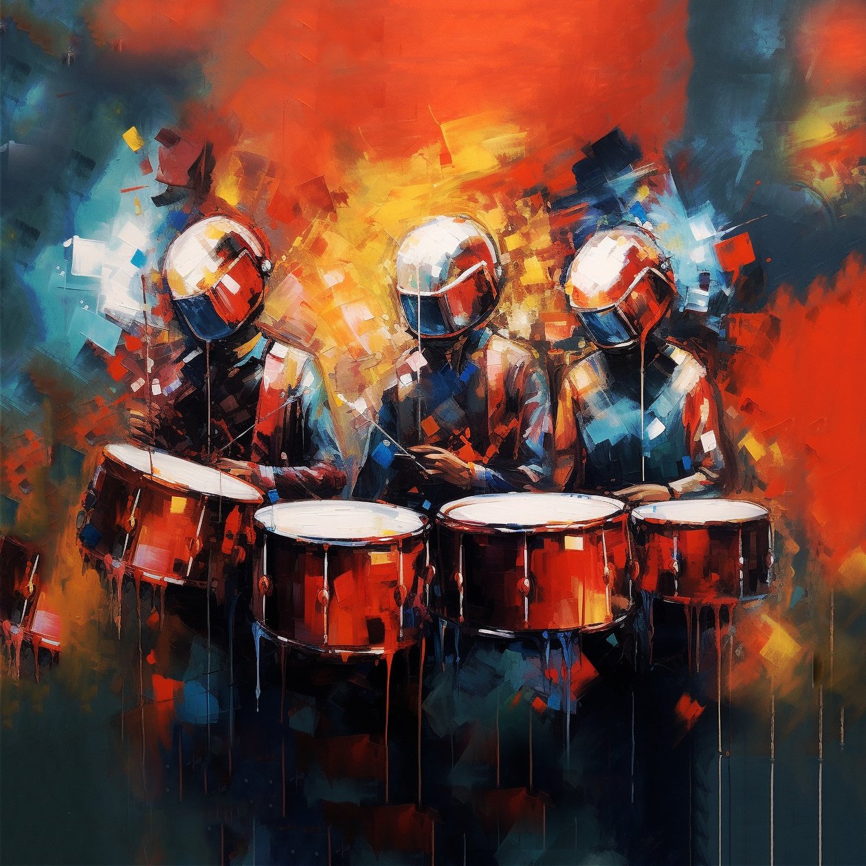 Gruppe von Musikern Schlagzeuger spielen Schlagzeug, Rockmusik, druckbare digitale Kunst von F. Abderrahim