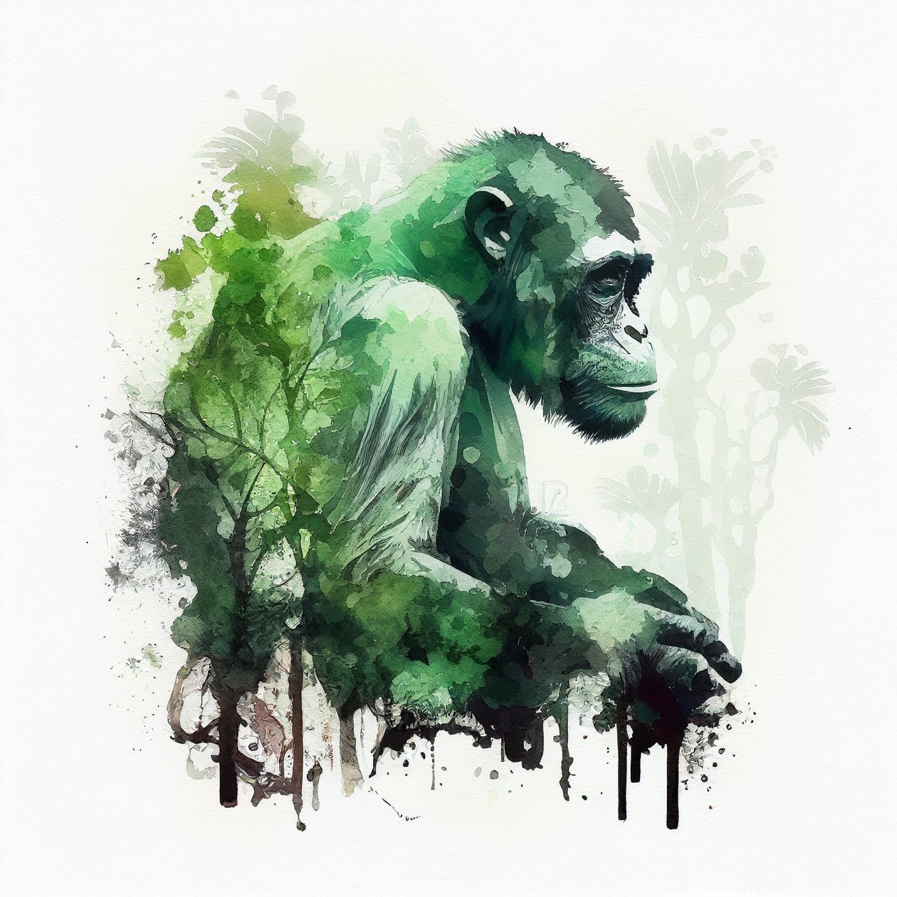 Dschungelaffe, Schimpanse, Doppelbelichtung Aquarellmalerei von F. Abderrahim