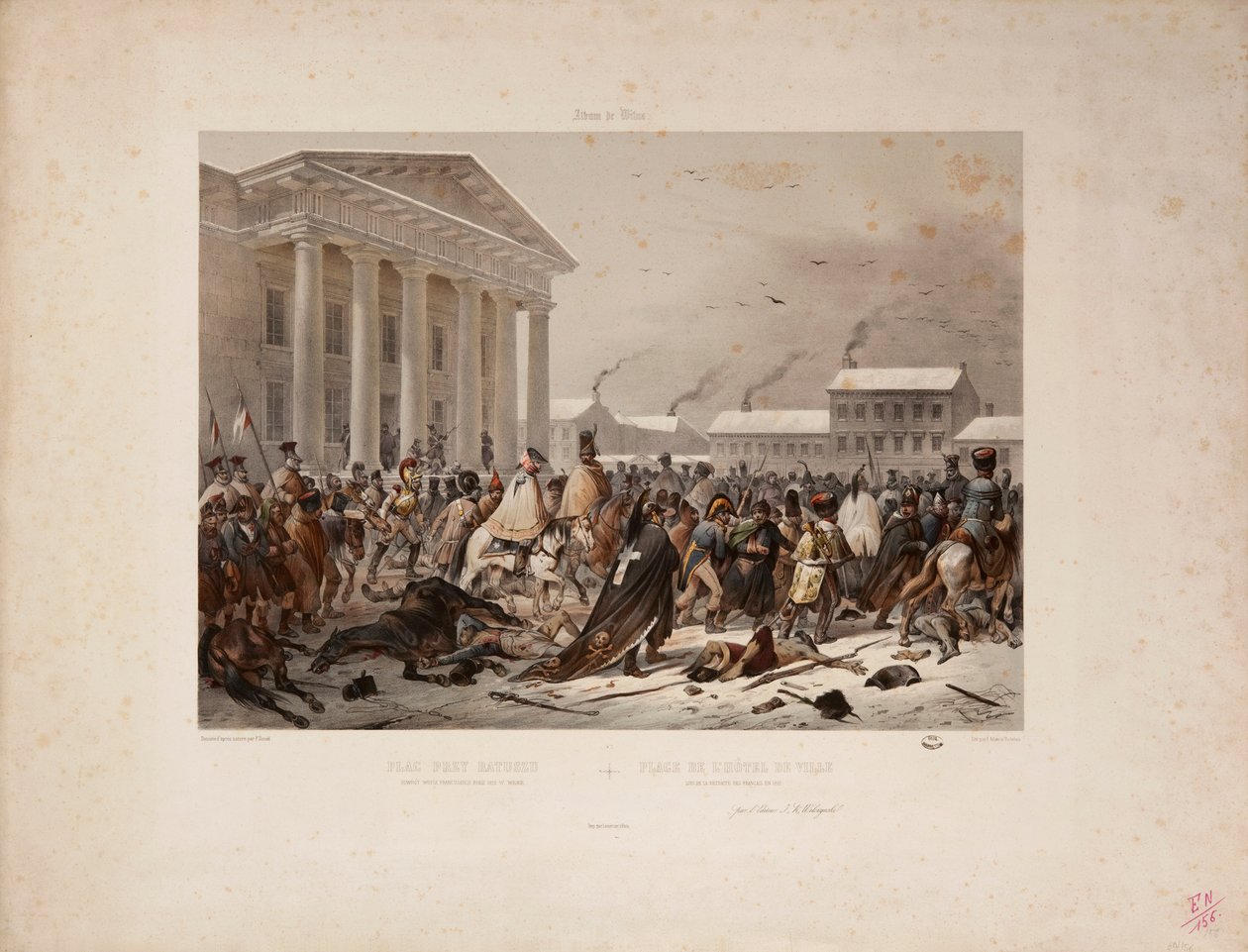 Rückzug der französischen Armee auf dem Rathausplatz von Vilna, graviert von Victor Adam und Louis Pierre Alphonse Bichebois, 1812 von F. Daniel