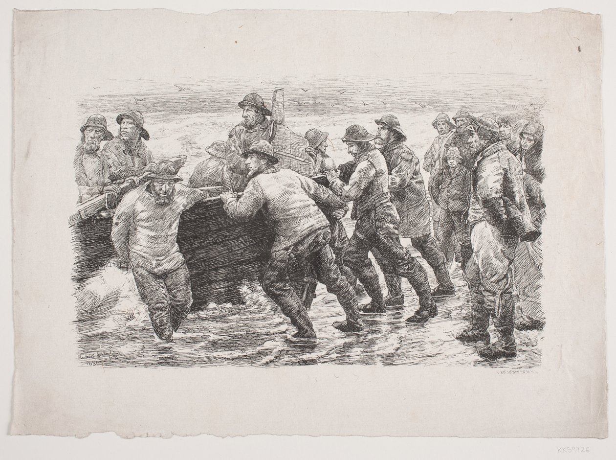 Fischer beim Einsetzen eines Bootes ins Wasser von F. Hendriksen