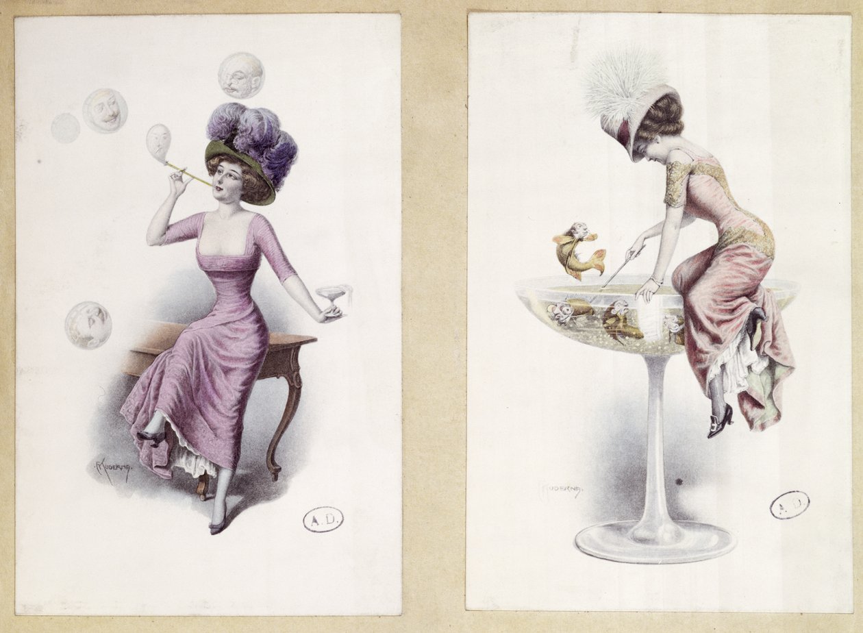 Postkarten, die eine Frau zeigen, die Seifenblasen bläst und in einem Champagnerglas fischt, ca. 1900 von F. Kuderna