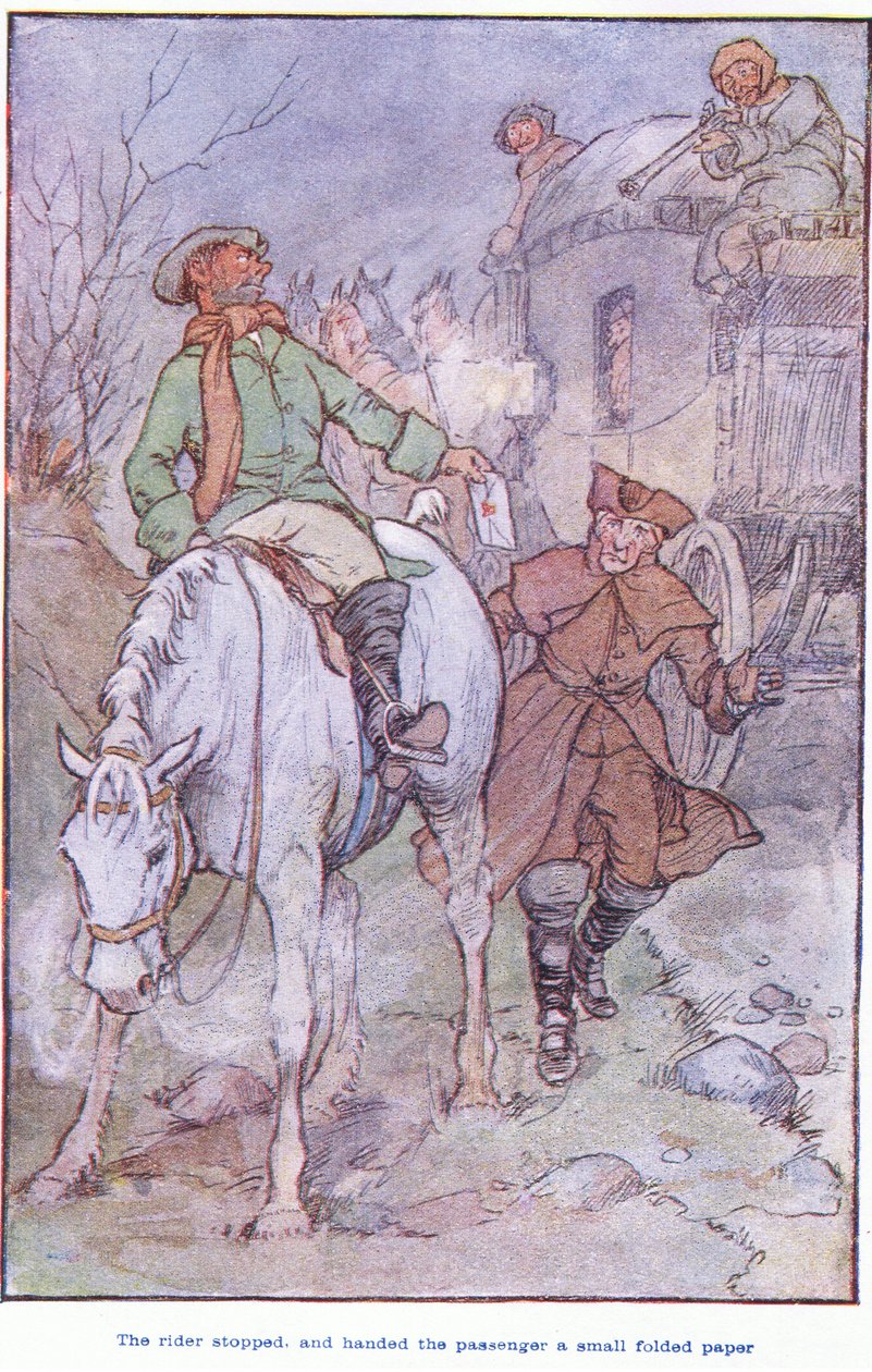 Der Reiter hielt an und übergab dem Passagier ein kleines gefaltetes Papier von F. M. B. Blaikie