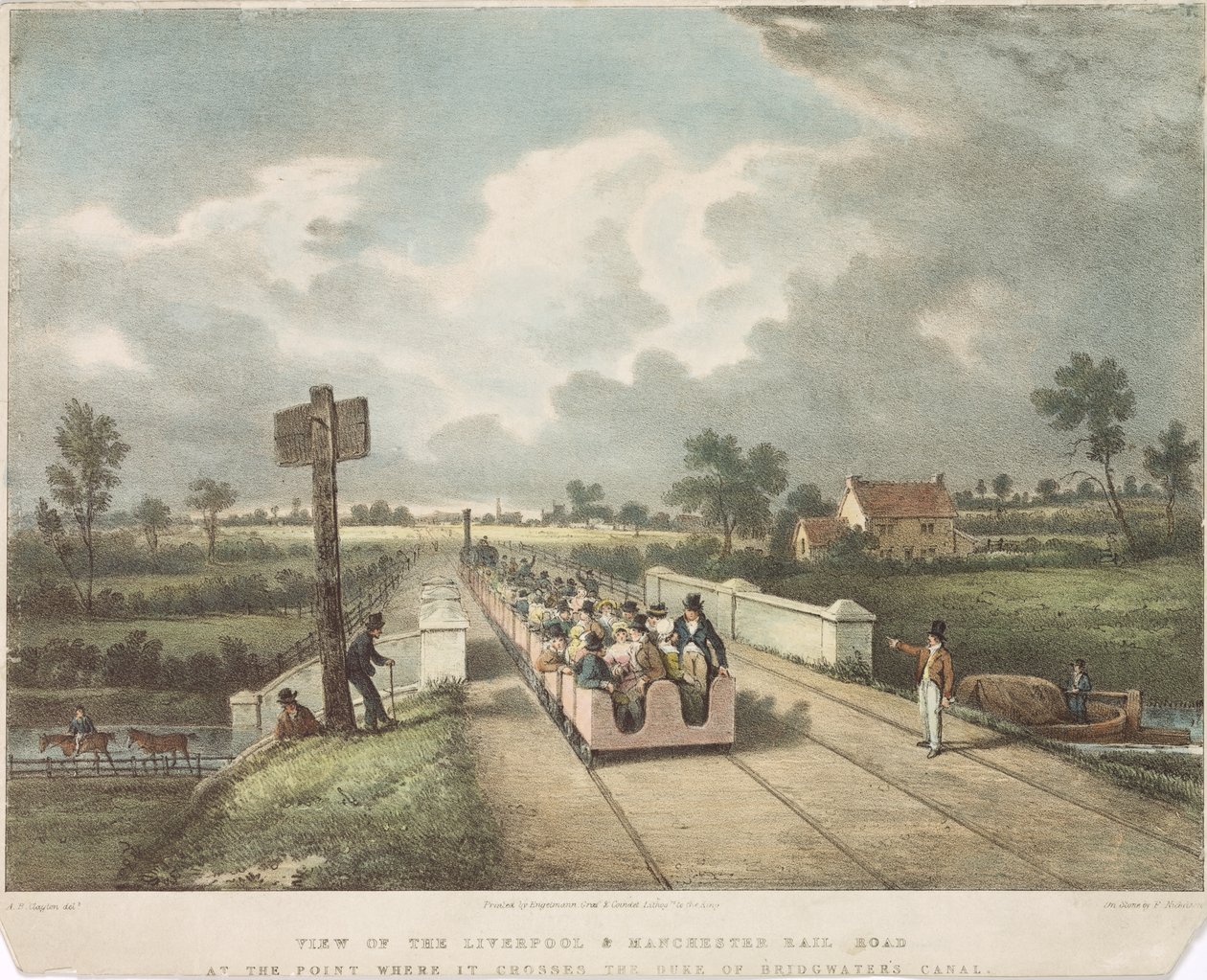 Ansicht der Liverpool & Manchester Eisenbahn an der Stelle, wo sie den Duke of Bridgewaters Kanal kreuzt, graviert von A.B. Clayton, 1831 von F. after Nicholson