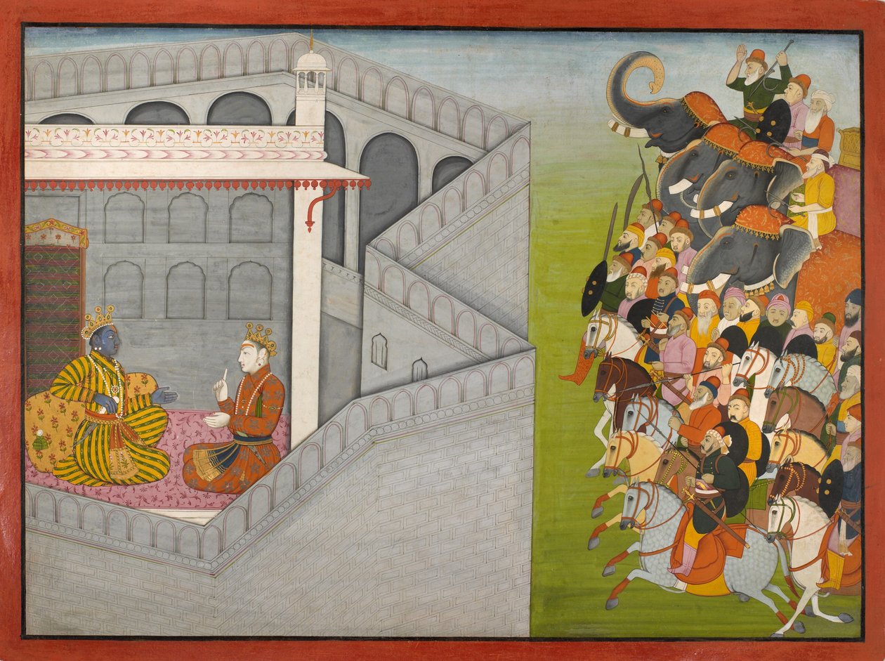 Die Belagerung von Mathura durch Jarasandha aus der Serie Guler-Basholi "Bhagavata Purana" von Fattu
