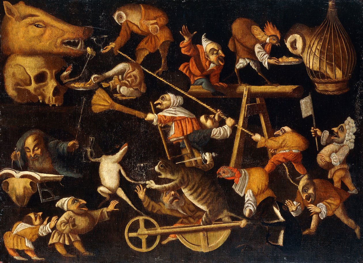 Imaginäre Tiere und Zwerge kämpfen, trinken und feiern von Faustino Bocchi or Boccasi