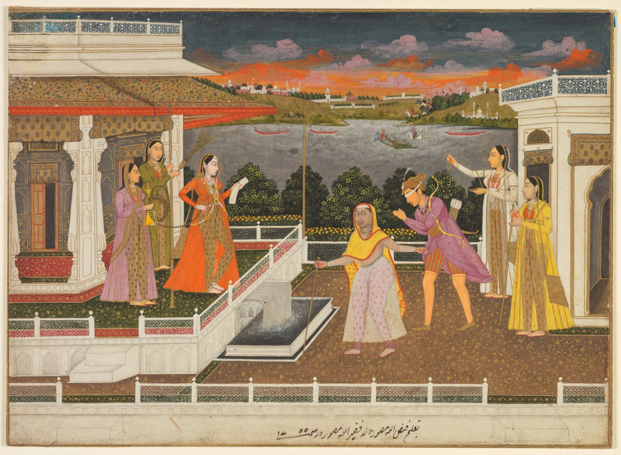 Ein blindfolded Freier wird vor eine Prinzessin gebracht, verso: scrollende Blumenranken, 1755 von Fayzullah