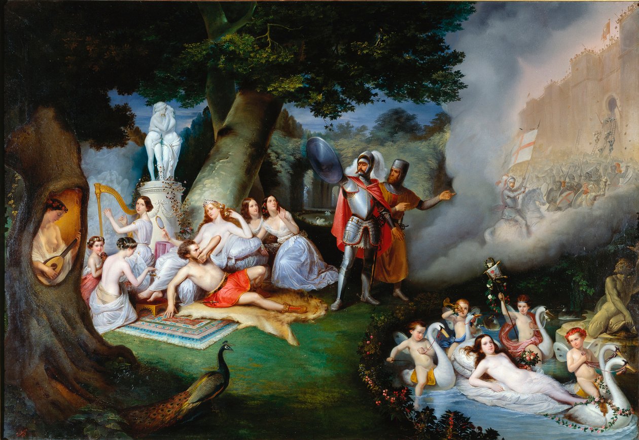 Renaud im Garten von Armide Illustration einer Szene aus „Das befreite Jerusalem“ (La Gerusalemme Liberata) von Torquato Tasso von Federico Peschiera