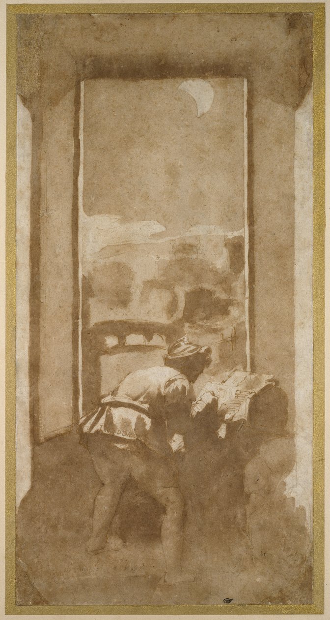 Mann, der bei Mondschein aus dem Fenster eines Hauses zeichnet (Feder und Tinte mit Waschung auf Papier) von Federico Zuccaro