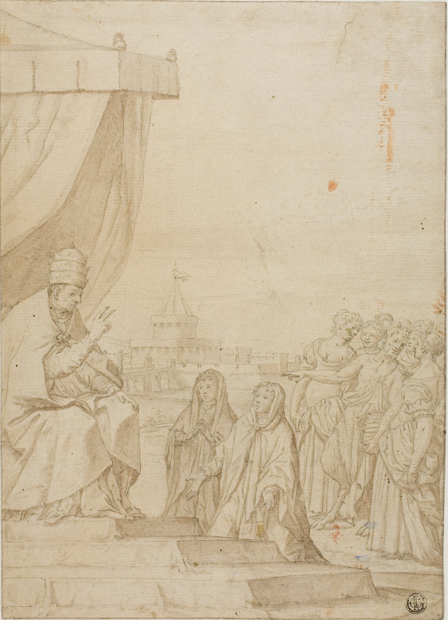 Papst segnet zwei Frauen in Anwesenheit von Satyr und versammelten Frauen mit Castel Sant Angelo im Hintergrund von Federico Zuccaro