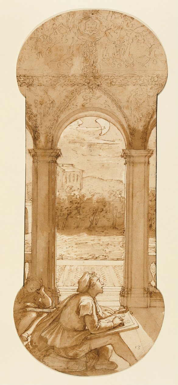 Taddeo kopiert Raphaels Fresken in der Loggia der Villa Farnesina, wo er auch schlafend dargestellt ist von Federico Zuccaro