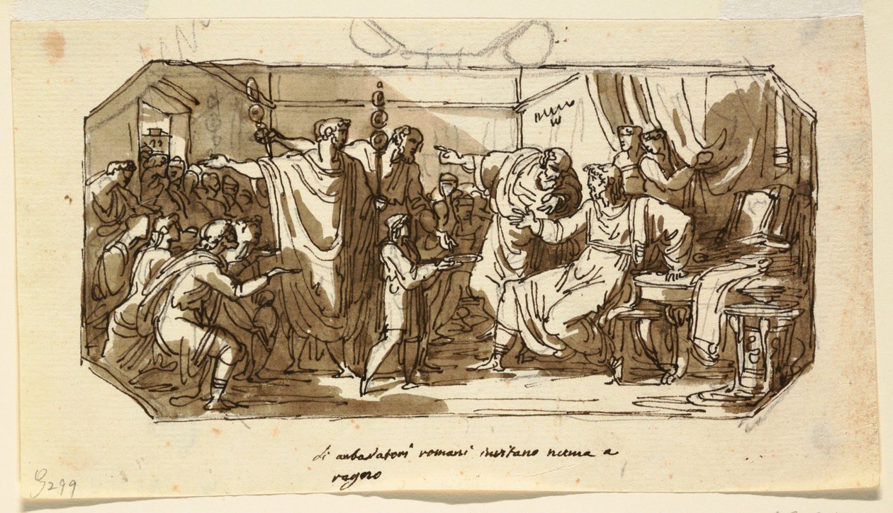 Deckenentwurf: Römischer Botschafter bittet den Sabiner Numa Pompilius, über Rom zu herrschen, Sala di Numa Pompilio, Palazzo Milzetti, Faenza von Felice Giani