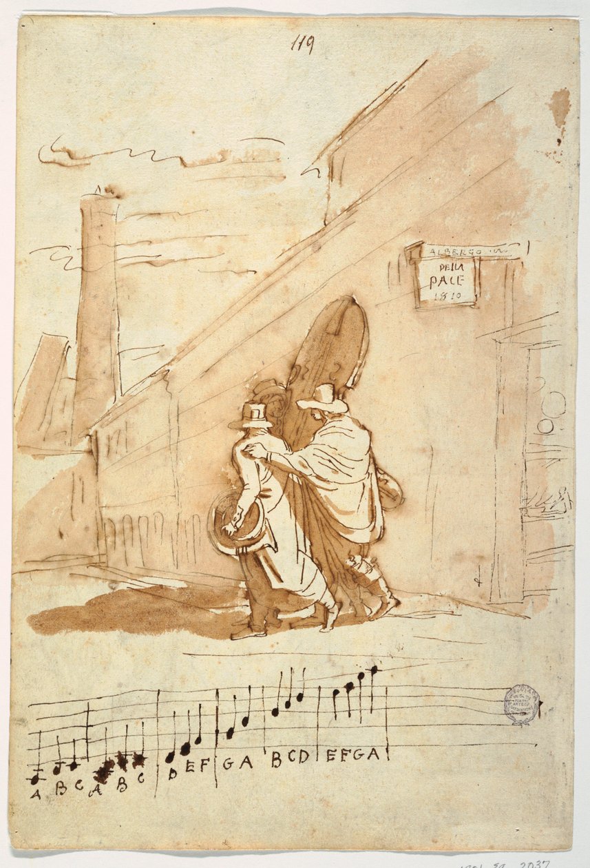 Recto: Drei Musiker vor dem Albergo Della Pace, 1810 von Felice Giani