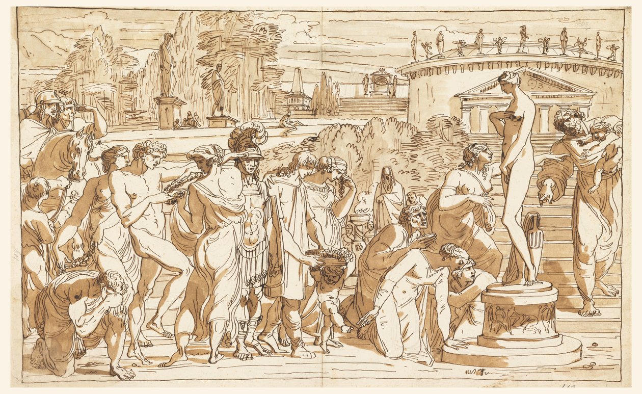 Zeichnung, Verehrung der Venus in einer klassischen Landschaft, ca. 1820 von Felice Giani