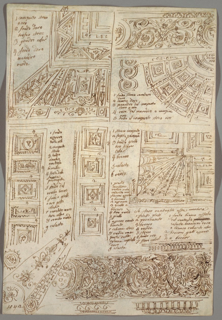 Vier dekorative Studien von Decken; Verso: Anatomische Studien von Felice Giani