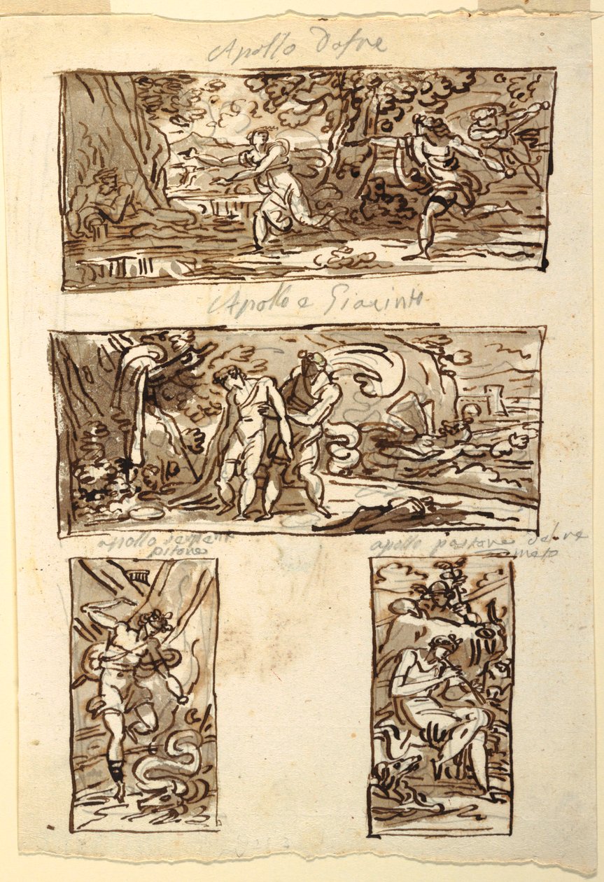 Vier Zeichnungen des Mythos von Apollo; Dekoration einer Wand über einem Kamin, Sala di Apollo, Palazzo Cavina, Faenza von Felice Giani