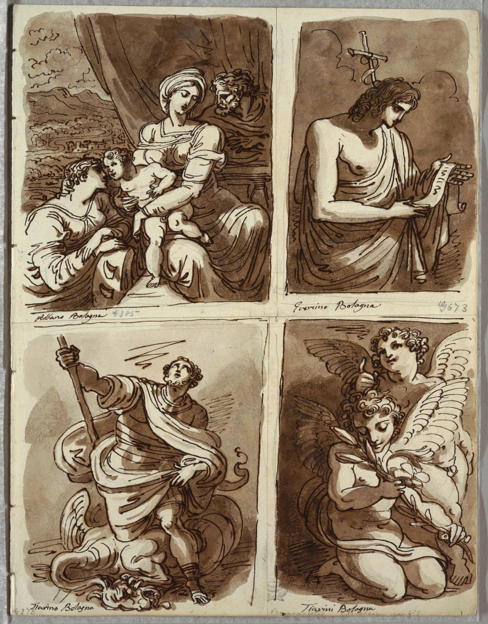 Die Heilige Familie mit der heiligen Katharina; Johannes der Täufer, nach Guercino; St. Georg und der Drache, nach Alessandro Tiarini; Zwei Putti von Felice Giani